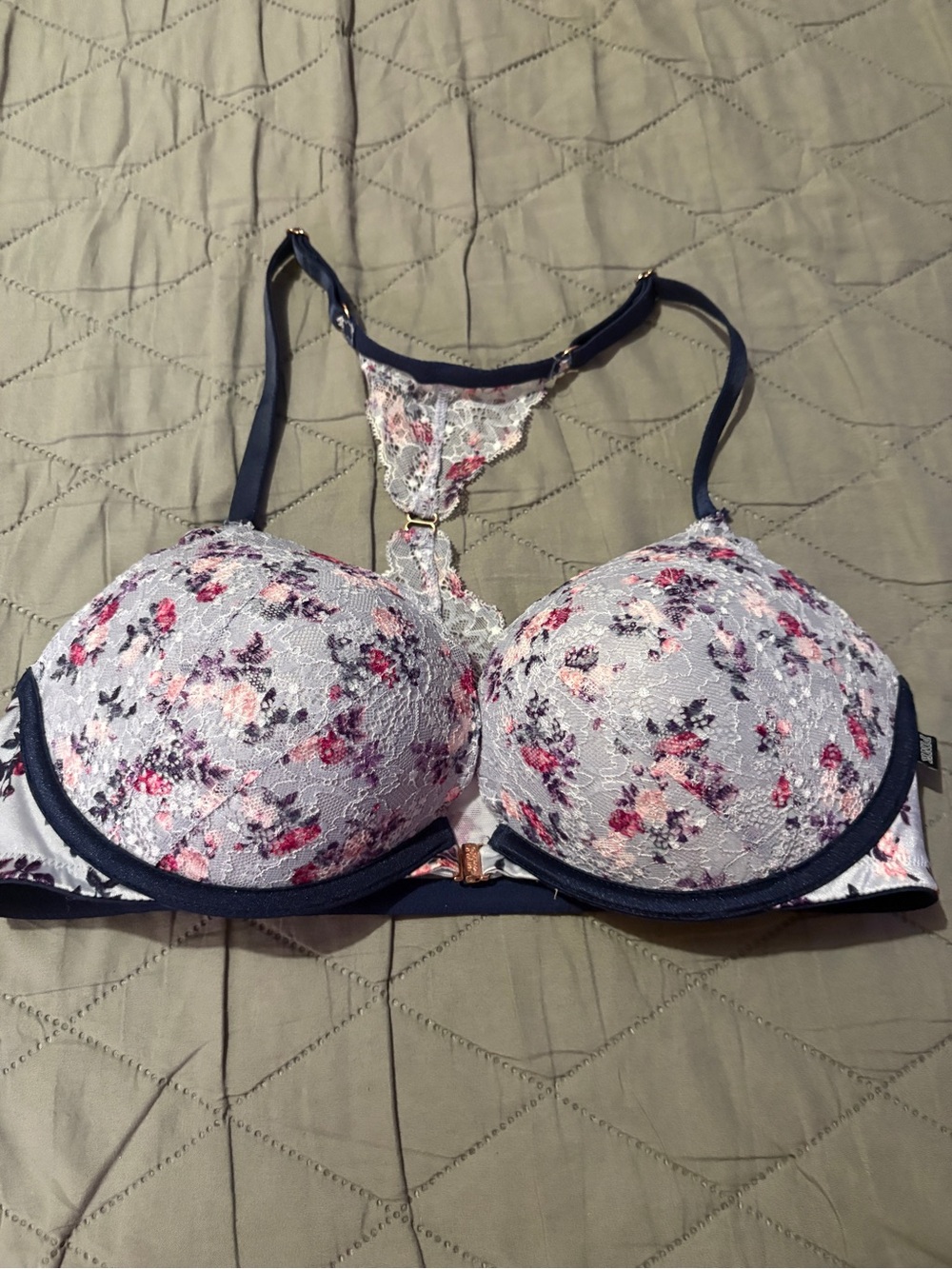 PINK Victoria's Secret Floral Lace Push-Up Bra in Navy and Pink